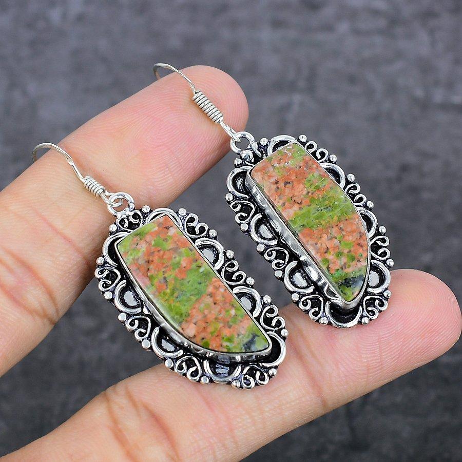 Unakite Gemstone Handmade 925 Sterling Silver Jewelry Earring 2.25" u6T43