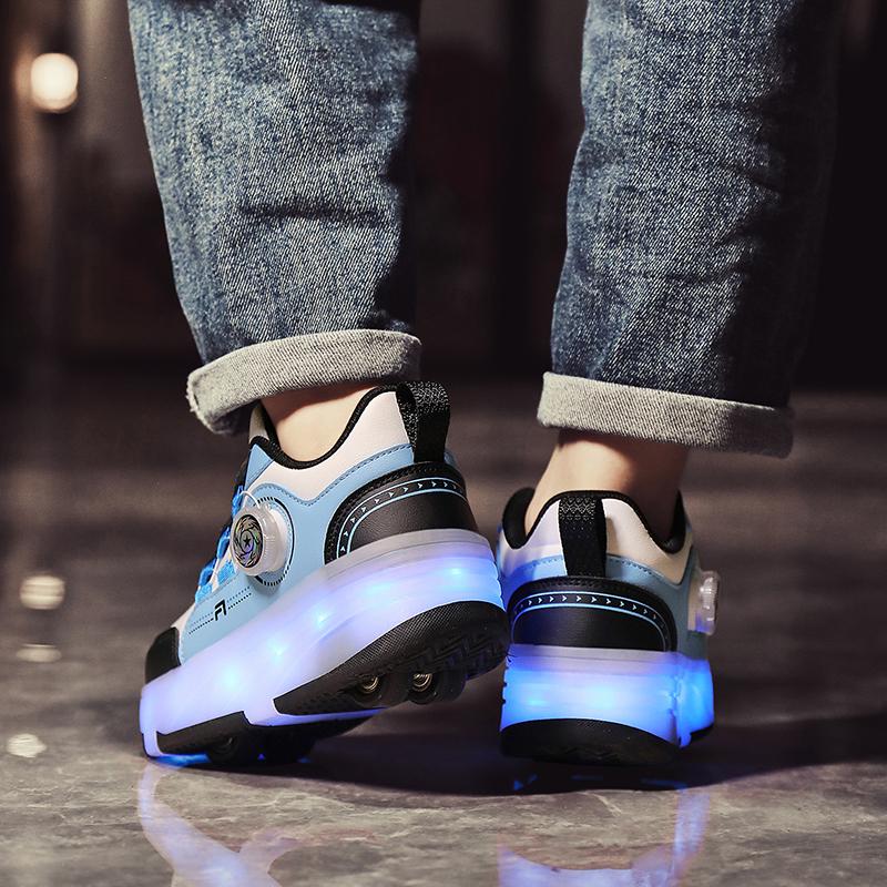 Kid's Roller Skates Removable Flat Charging LED Four Wheels Glowing Sports Shoes Pink Women's Glowing Sneakers