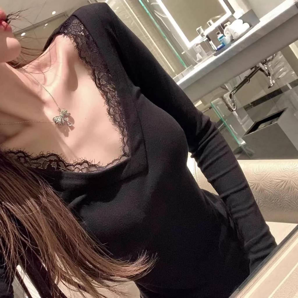 Slim Fit V-Neck Lace Trim Long-Sleeve Women's Top - Autumn Collection