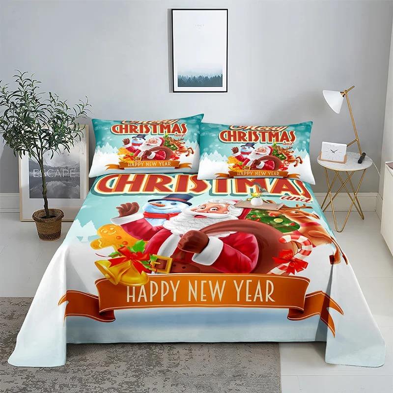 Merry Christmas Bed Sheet Set with Pillowcase 3D Print Santa Claus Home Decor New Year King Queen Full Size Red Bed Flat Sheet