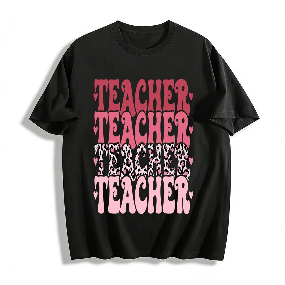 Retro Pink Leopard Print Teacher Themed Casual T-Shirt Pure cotton T-shirt XXS