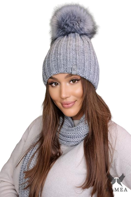 Rania Winter Set Hat and Scarf with Pompom Color Gray
