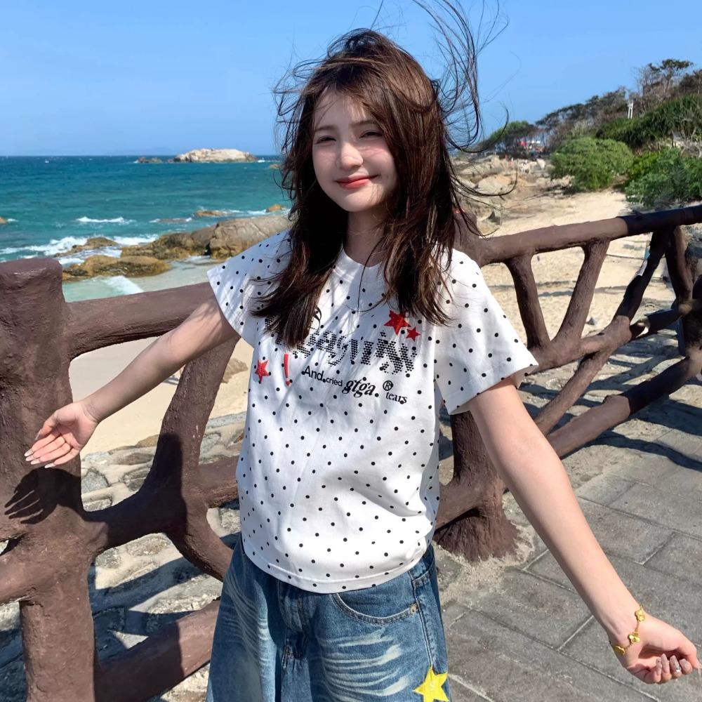 American Retro Polka Dot Letter Print Short-Sleeve T-Shirt, Elegant Youthful Drop Shoulder Women's Top for Summer