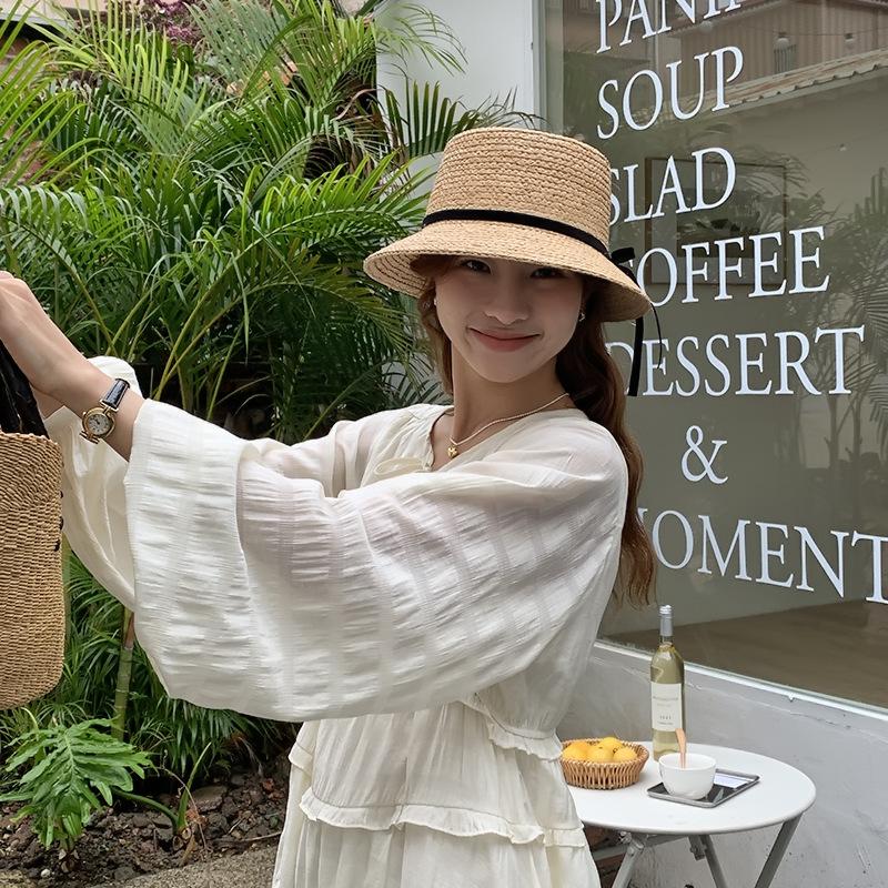 Natural raffia woven straw hat women's French sweet bow concave top wide brim sunshade bucket hat basin hat