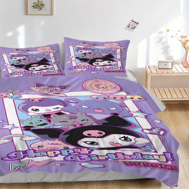 

3pcs Kuromi s Birthday Celebration Quilt Set Cartoon Themed Bed Quilt Set Lovely Character Bedroom Decor Bed Quilt Set Four Seasons (1 Cover + 2P 135x200cm