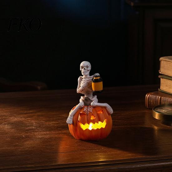 Glow In The Dark Skeleton Halloween Pumpkin Figurine, LED Light-Up Decorative Lantern, Spooky Night Decor Holiday Decoration for Parties &