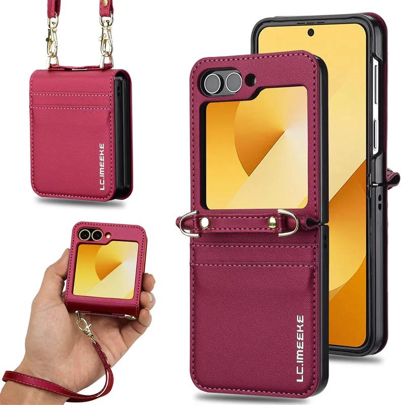 Magnetic Flip Leather Phone Case for Samsung Galaxy Z Flip 6 5 4 3 5G Flip6 Flip5 Flip4 Wallet Card Cover Etui Coque