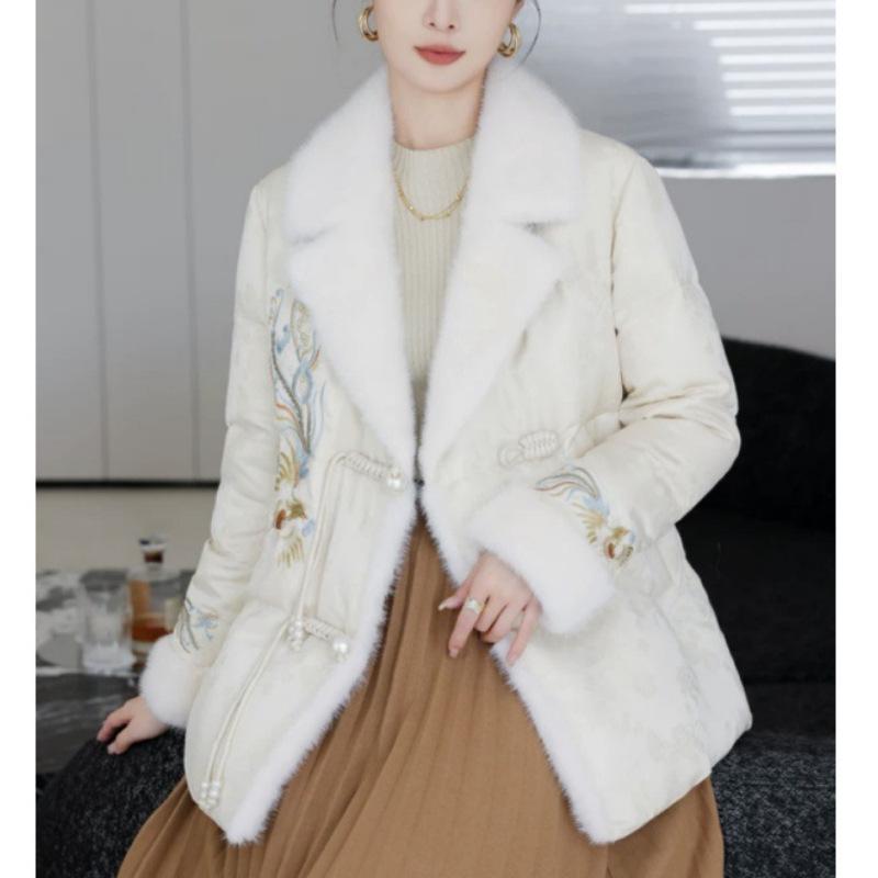 Down jacket women's clothing medium and long Chinese style winter new Haining imitation mink fur white duck down jacket