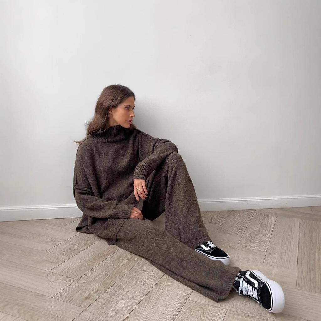 Russian turtleneck split-ended sweater knitted suit women's European and American loose casual wide-leg pants two-piece set