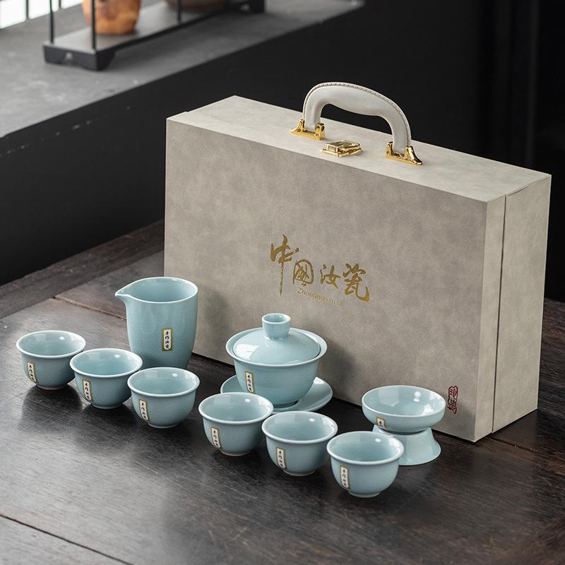 High-end 10-head Ru kiln Kung Fu tea set, a complete set of boutique ceramics, a full set of gifts, a gift box with high temperature resistance