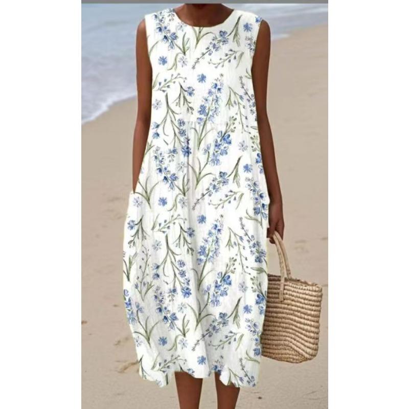 LYRIA 3D-Druck Rundhals Leichtes Kleid Ärmellos Sommer Strandkleid Lässig Mode A-Linien-Kleid Damen Elegante Blumenkleider