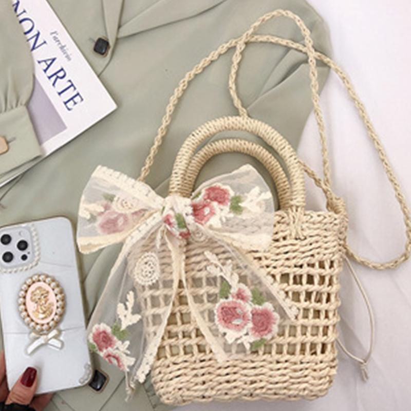 Yogodlns Blumenstickerei, Schleife, Dekor, Strohtasche, gewebt, hohle Schultertasche, Urlaubs-Strandtasche, Sommer-Umhängetasche, Handtasche