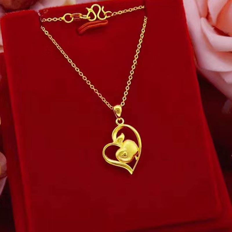 Japanese & Korean Style Heart Necklace: Sand Gold-Plated Copper with Apple Design for Women