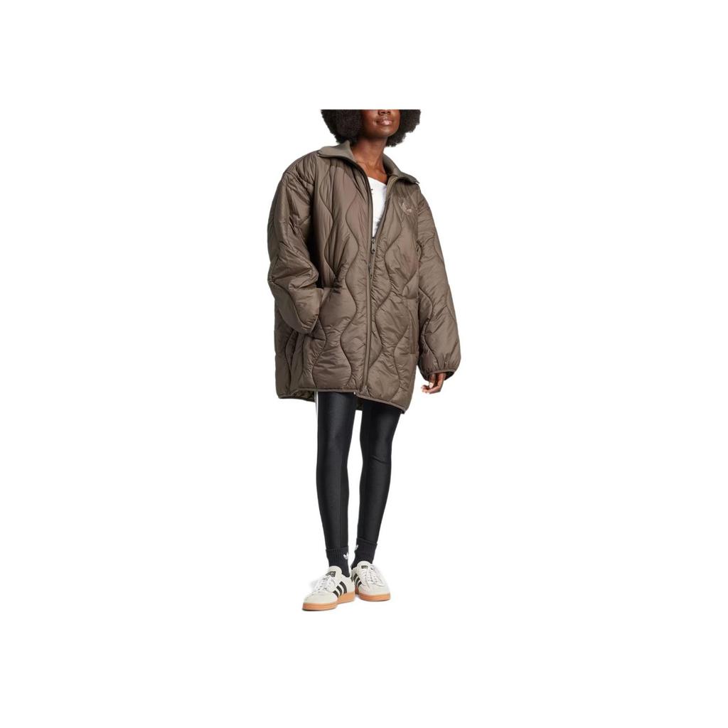 adidas Originals Fashion Quilted Mid-Length Stand Collar Long Sleeve Jacket Women Jacket Shadow-Olive IW5863