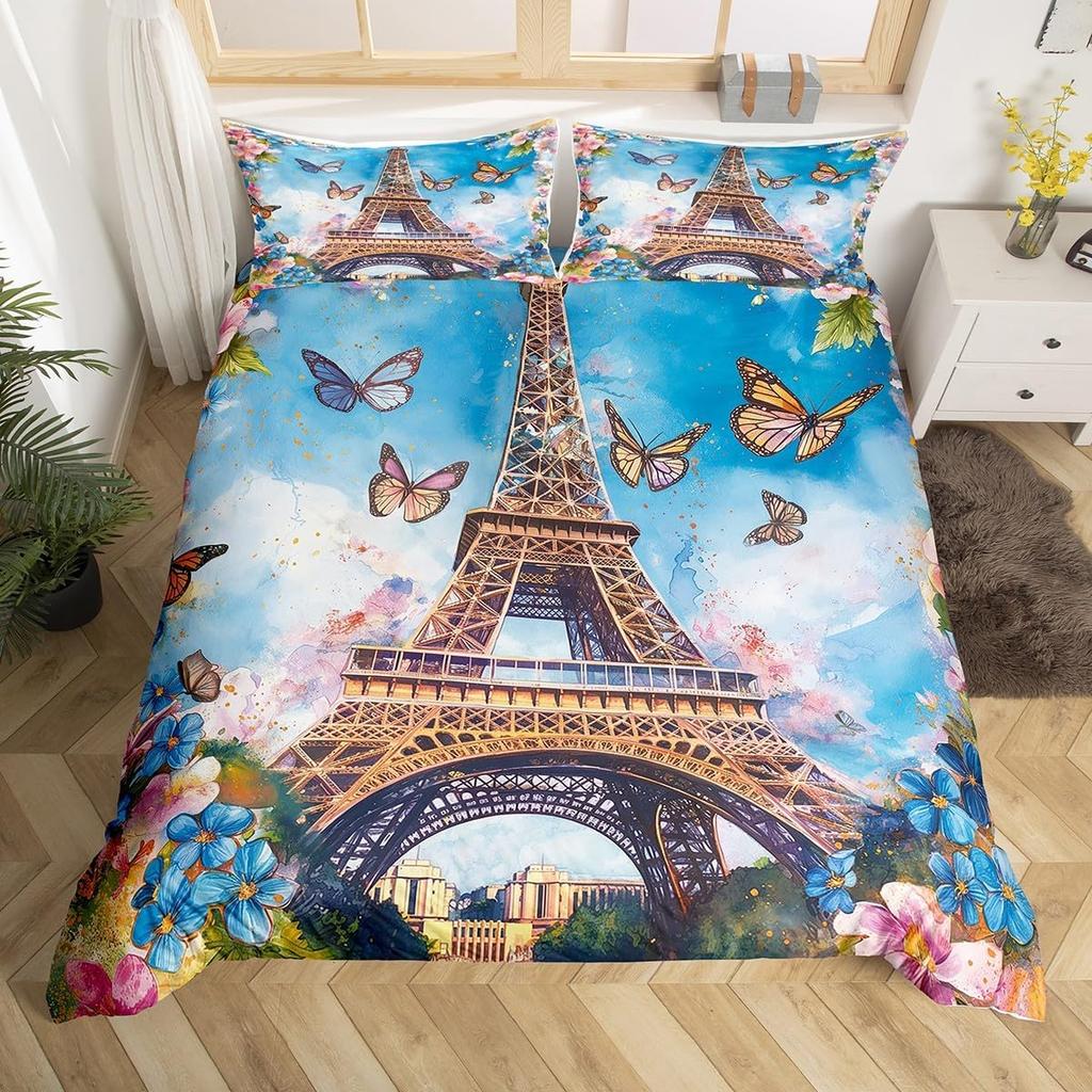 Eiffel Tower Bedding Set Twin Queen Pink Cherry Blossom Duvet Cover Romantic Theme Butterfly Print Comforter Cover for Girl Boys