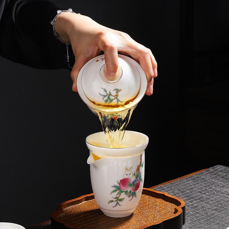 White porcelain cover bowl teacup gold-painted tea maker ceramic gift set suet jade kung fu tea set
