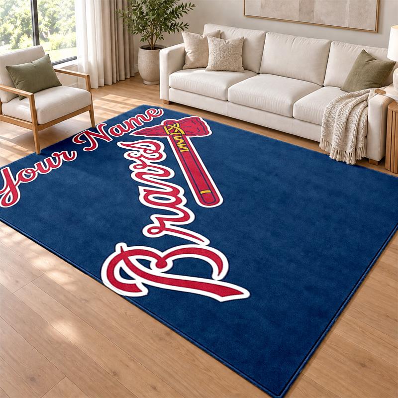 Atlanta Braves Custom Name Personalized Rug Non‑Slip Doormat Floor Carpet Housewarming Birthday Gift for Family Friends