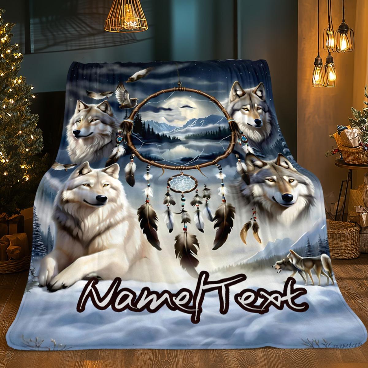 Custom Wolf Blanket Dreamcatcher Moon Snowy Forest Pack Design Personalized Name Fleece Throw All Season Soft Warm Bedding 75X95CM