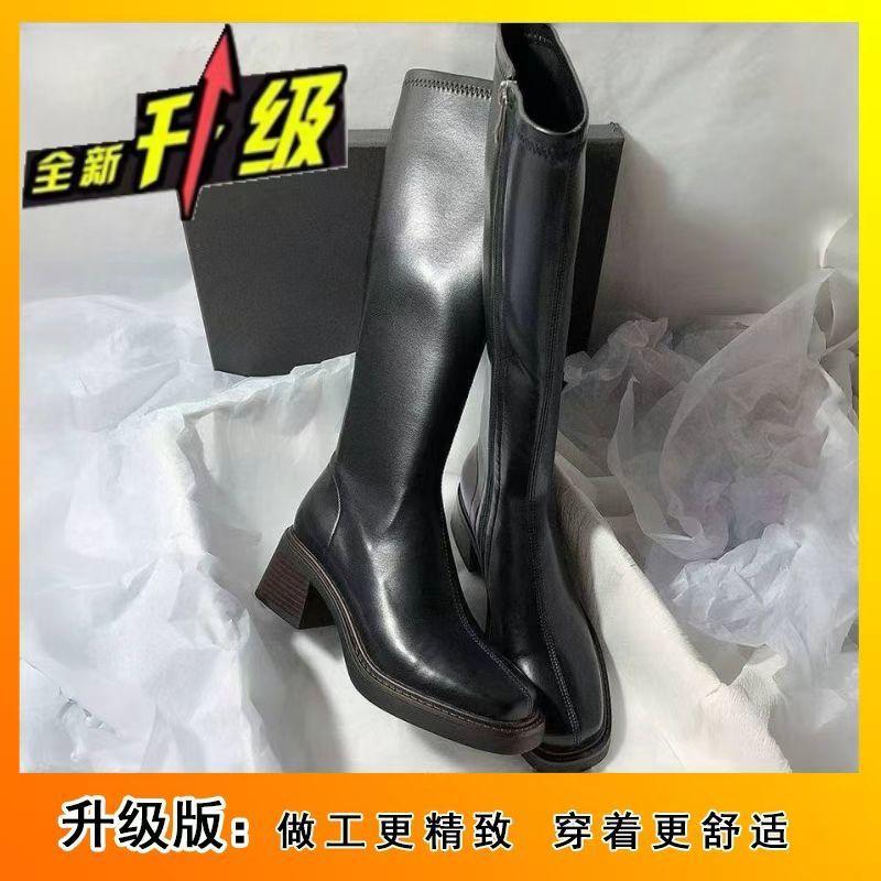 Square Head Side Zipper Slim Tall Boots 2025 Autumn and Winter New Retro Style Thick Heel But Knee Martin Boots Women