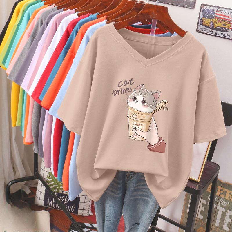 

Женская футболка с коротким рукавом, большого размера, свободная и стройнящая, топ с V-образным вырезом с принтом 5XL абрикосовый