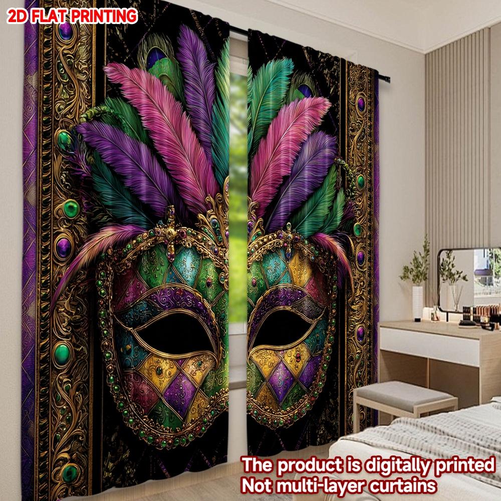 2D Flat Printing 2pcs Curtain Scene Curtains Mardi Gras Feathered Mask Digital Printed Polyester Drapes Party Decorations