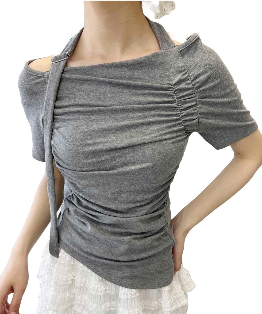 WEGO PHILLY Belt Design Short Sleeve Summer Gray Off-the-Shoulder T-Shirt, Top, Clothes, Women's,