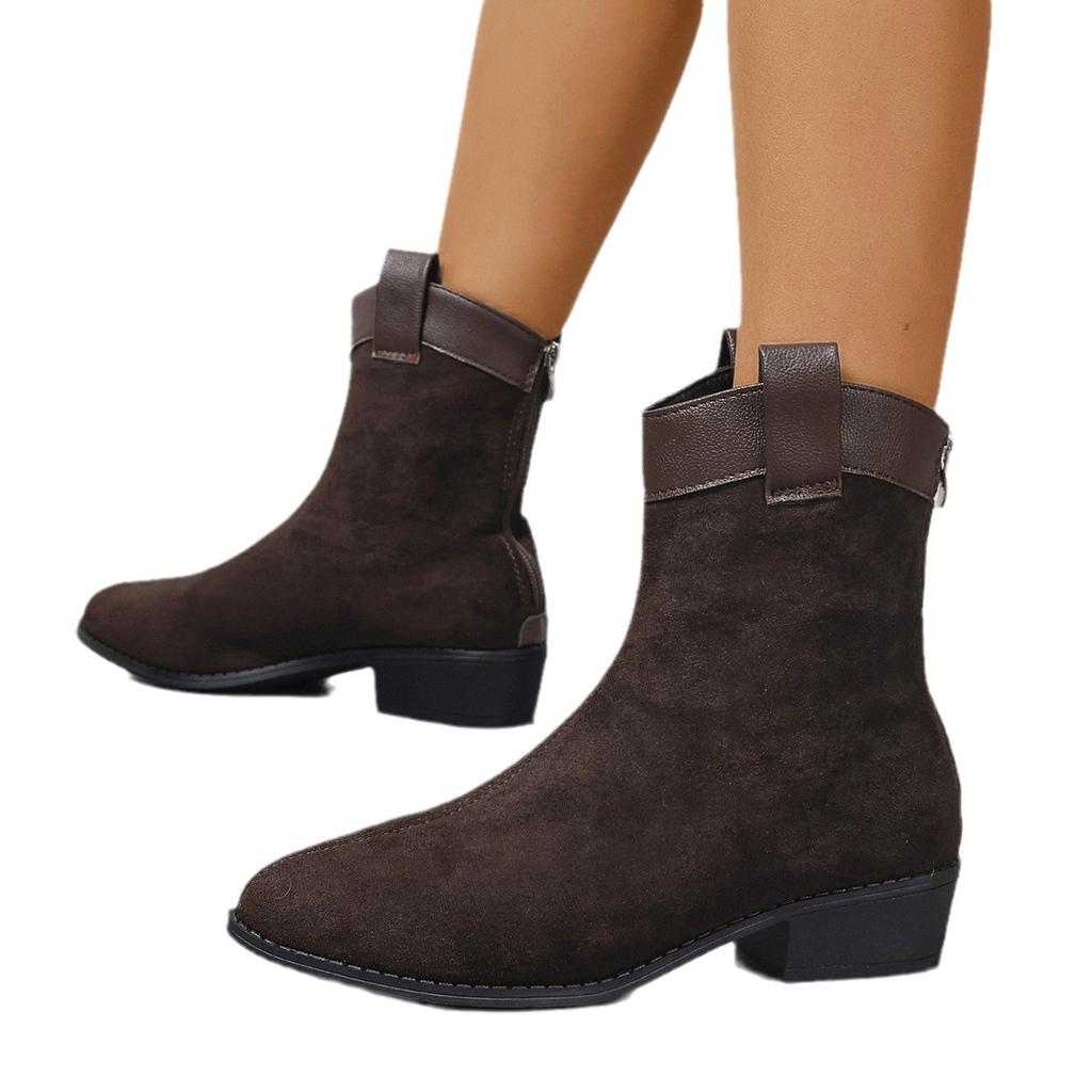 Large Size Soft Fur Vintage Western Cowboy Boots Women's Coarse Heel Short Boots Autumn and Winter Frosted Pointed Chelsea Boots