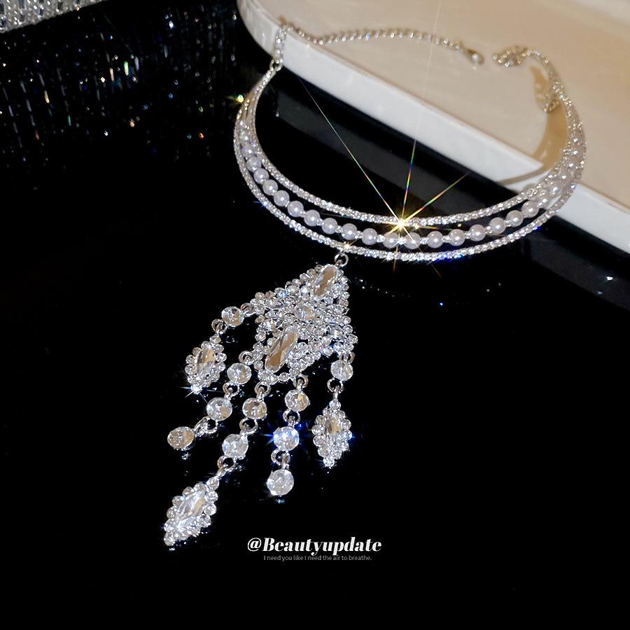 Korean Zircon & Pearl Tassel Necklace – Trendy Design Clavicle Chain