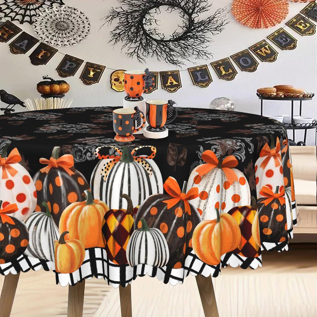 Halloween Pumpkin Polka Dot Tablecloth Orange Black Contrasting Shading, Round Square Optional, Picnic Restaurant Decoration