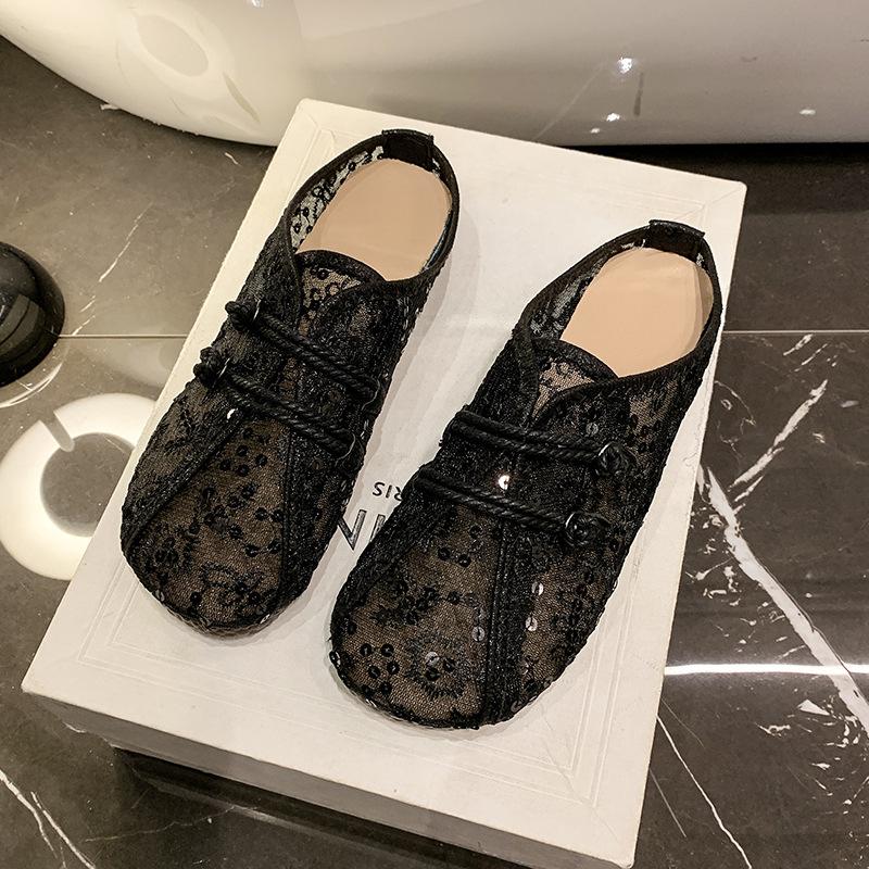 

2025 Женские летние новые ретро туфли-бобы с сеткой, мягкая подошва, повседневные слипоны на плоской подошве 40 чёрный