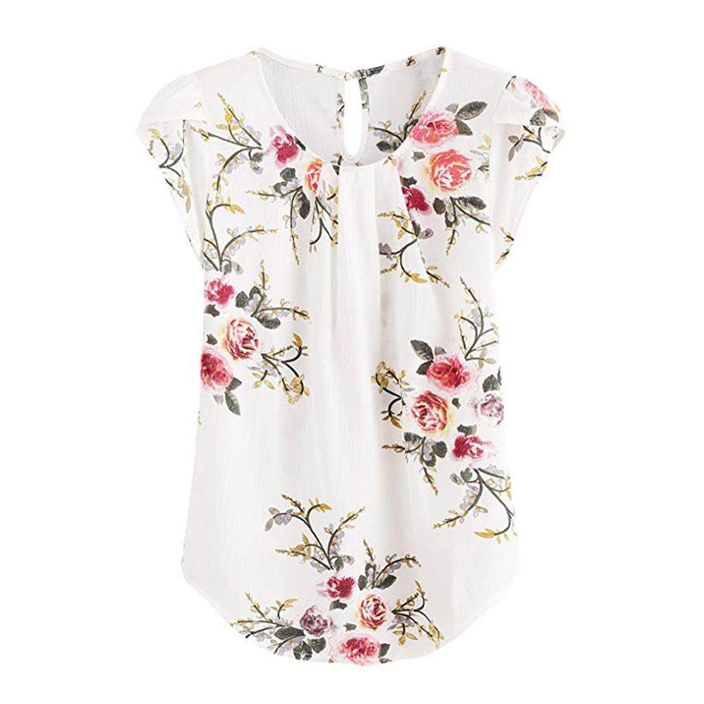 Women Casual Round Neck Basic Floral Pleated Top Cap Short Sleeve Shirt Blouse