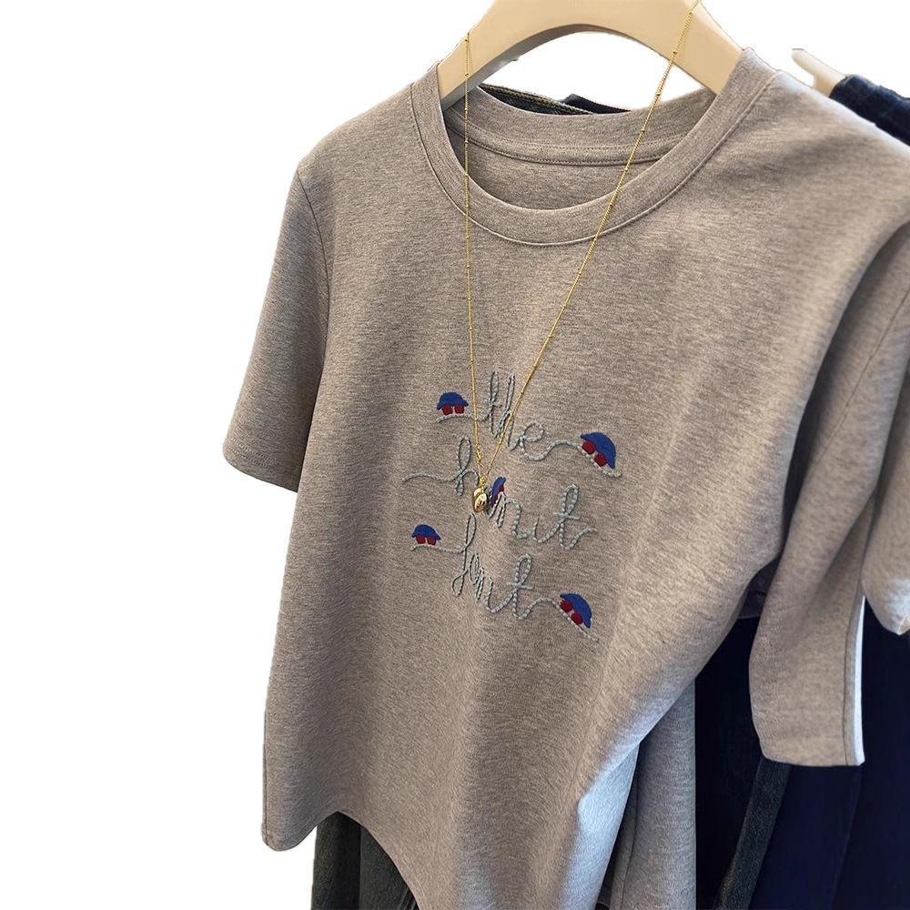 Women's Gray Embroidered Retro Short Sleeve T-Shirt - 2025 Spring Casual Loose Fit Base Layer