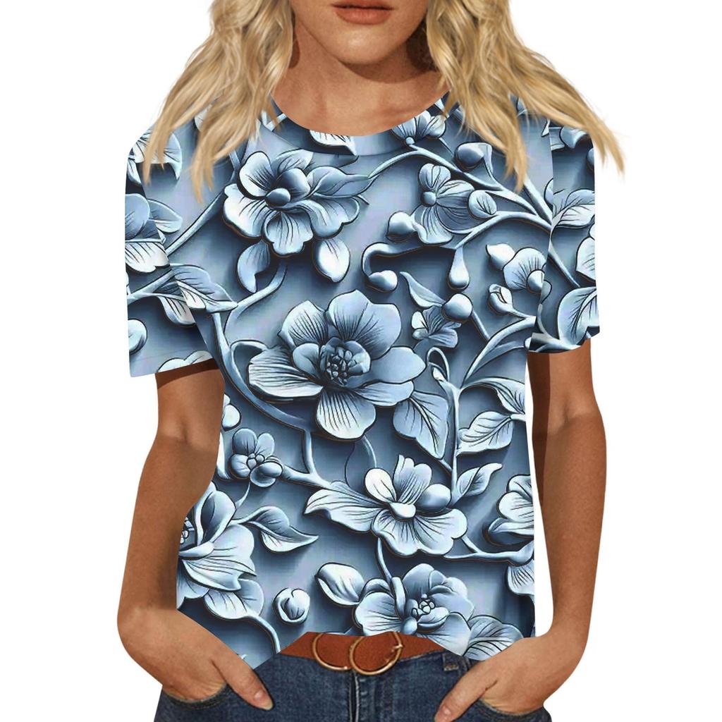 Damen Freizeit 3D Blumendruck Freizeit Kurzarm T-Shirt Pullover Rundhals Kurzarm Oberteil