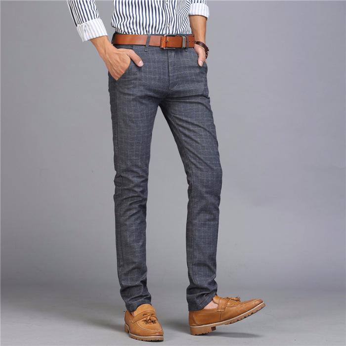 Herbststil Trendige Elastische Herren Business Baumwolle Leinen Karierte Herren Schmalbeinige Freizeithose
