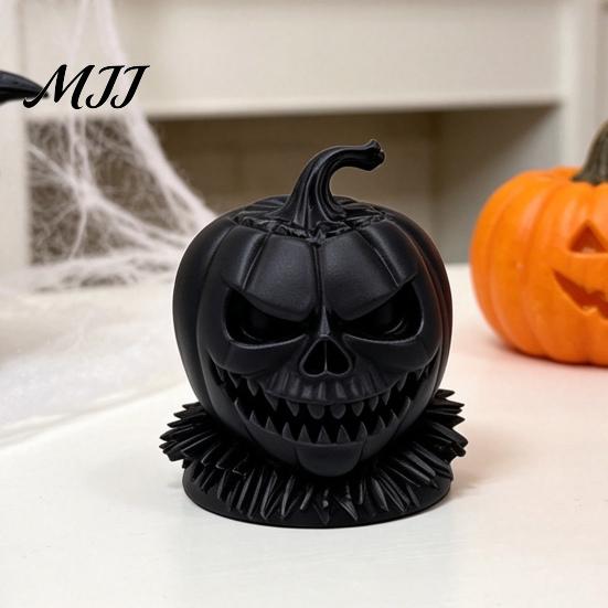 Unique Halloween Collectibles 3D Printed Evil Pumpkin Head Figurine with Ruffled Collar, Gothic Dark Neck Collar Clown Sculpture Jack O Lantern Statue