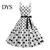 Vinatge 60s Sundress Women Dress Retro A-line Big Swing Tight High Waist Bow Decor Sleeveless V Neck Back Zipper Dot Print Contrast Color Party