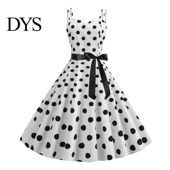 Vinatge 60s Sundress Women Dress Retro A-line Big Swing Tight High Waist Bow Decor Sleeveless V Neck Back Zipper Dot Print Contrast Color Party