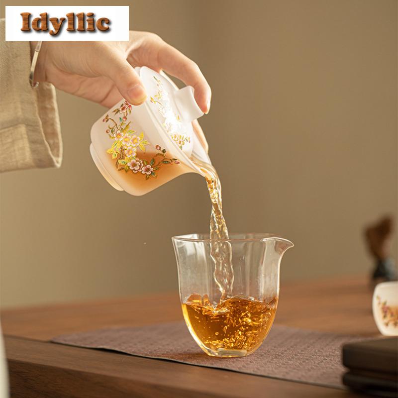150ml Peach Blossom Frosted Glass Gaiwan Elegant Tea Tureen Tea Bowl With Lid Kit Tea Maker Cover Bowl Drinkware Supplies Gift