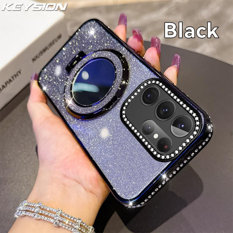 KEYSION Glitter Jewelled Magnetic Phone Case for Samsung Galaxy S25 Ultra 5G S24+ Plus S23 FE Makeup Mirror Stand Shockproof Cover