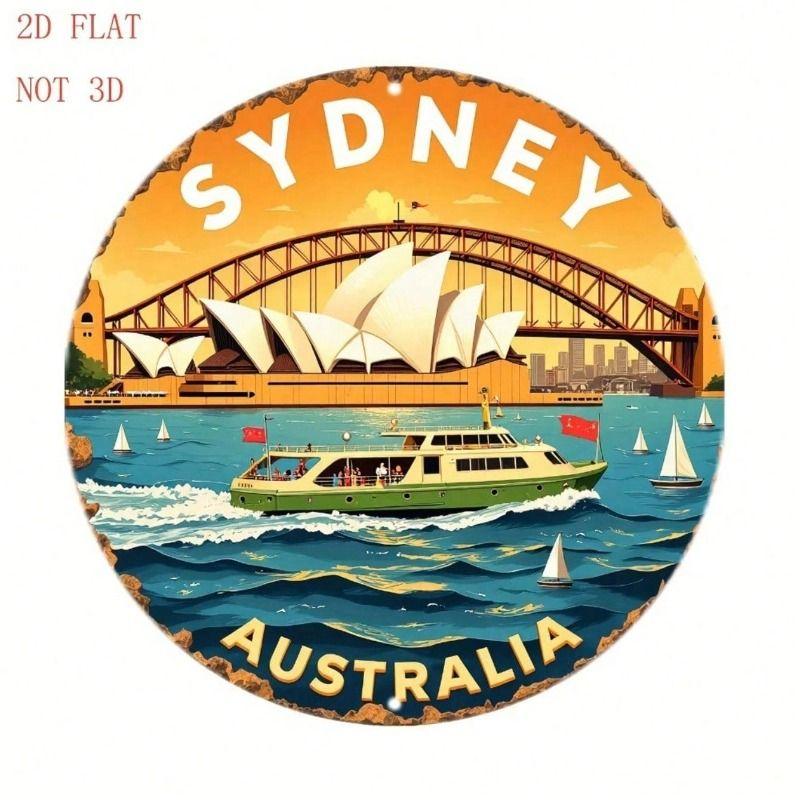 Round Aluminum Wall Art Sydney Harbour Opera House Sailboats 8 Inch Outdoor Indoor Decor