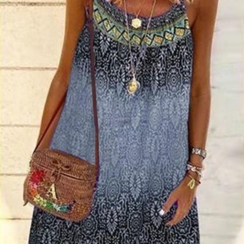 Ladies Fashion Summer Boho Loose Casual Print Ethnic Slip Dress