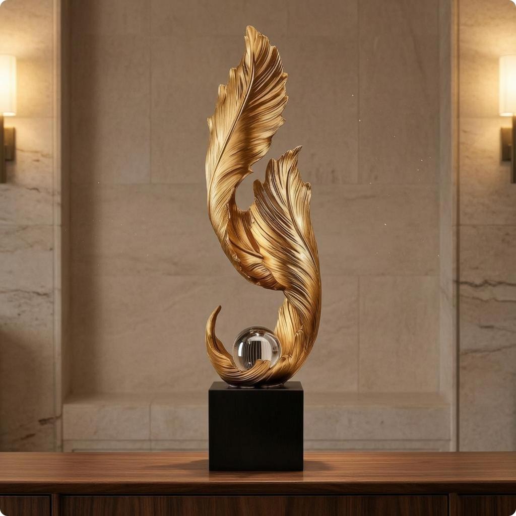 Golden Plume Statue Layered Floor decor Standing Ornament Slender Feather