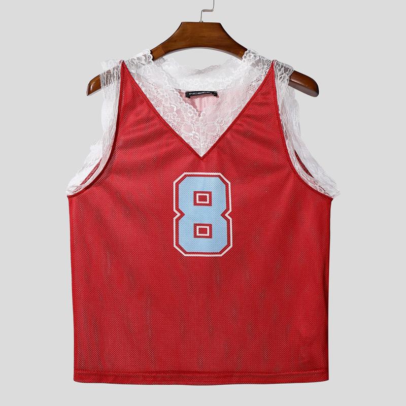 INCERUN Men Lace V Neck Sleeveless Letter Print Hollow Out Casual Tank Tops