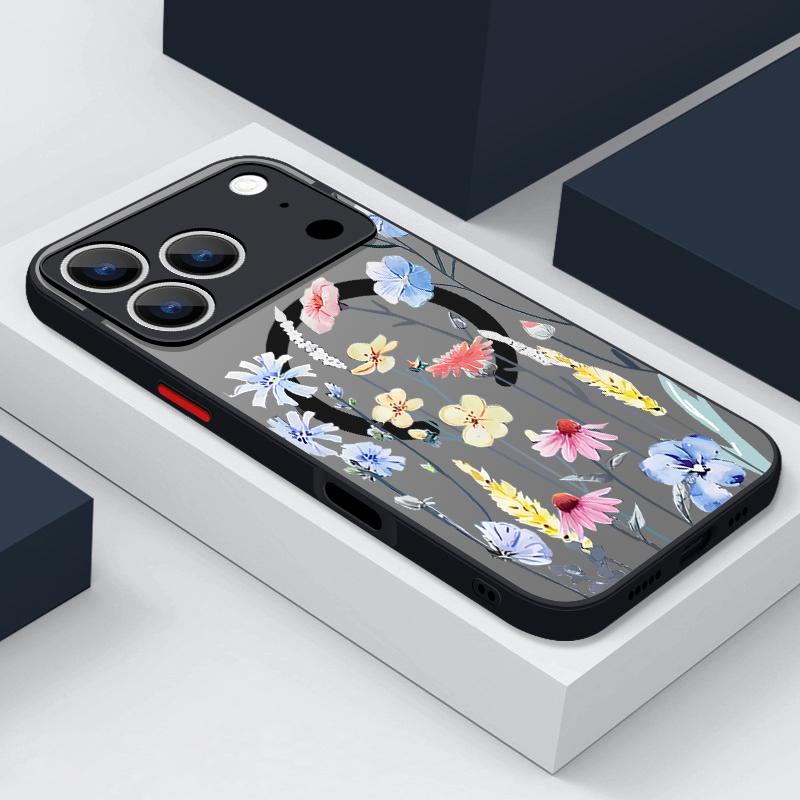 Magnetic Flowers Print Phone Case For iPhone Air 17 16 15 Pro Max 13 12 Pro 14 Plus 11 For Magsafe Wireless Charge Acrylic Cover