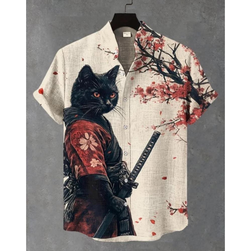 Men's Samurai Hawaiian Shirt Casual Short Sleeve Top Loose Clothing Fashion Retro Summer Shirt