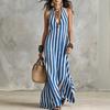 European and American women's clothing striped neck sleeveless temperament dress summer loose deep V-neck vacation beach dress
