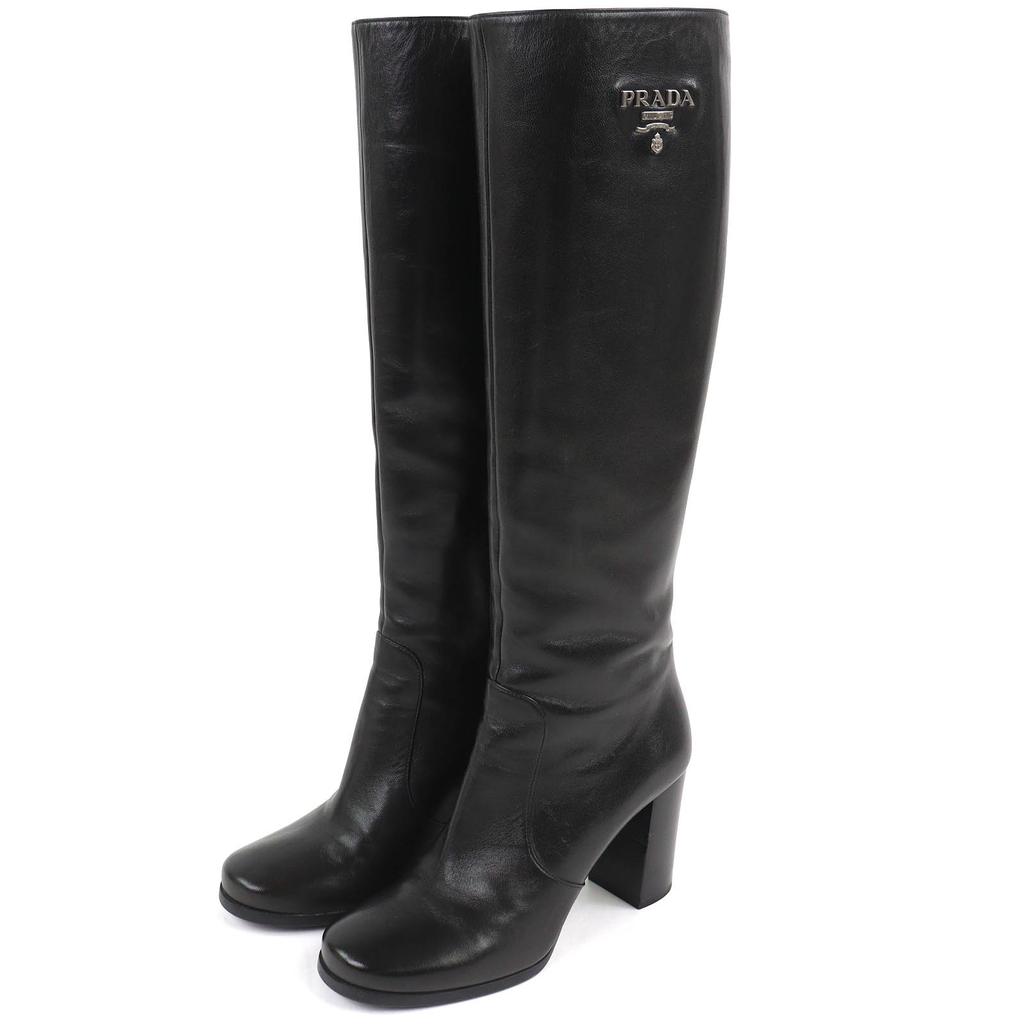 Great PRADA Knee-high boots Logo Metal Side Zip Leather black leather Women Used