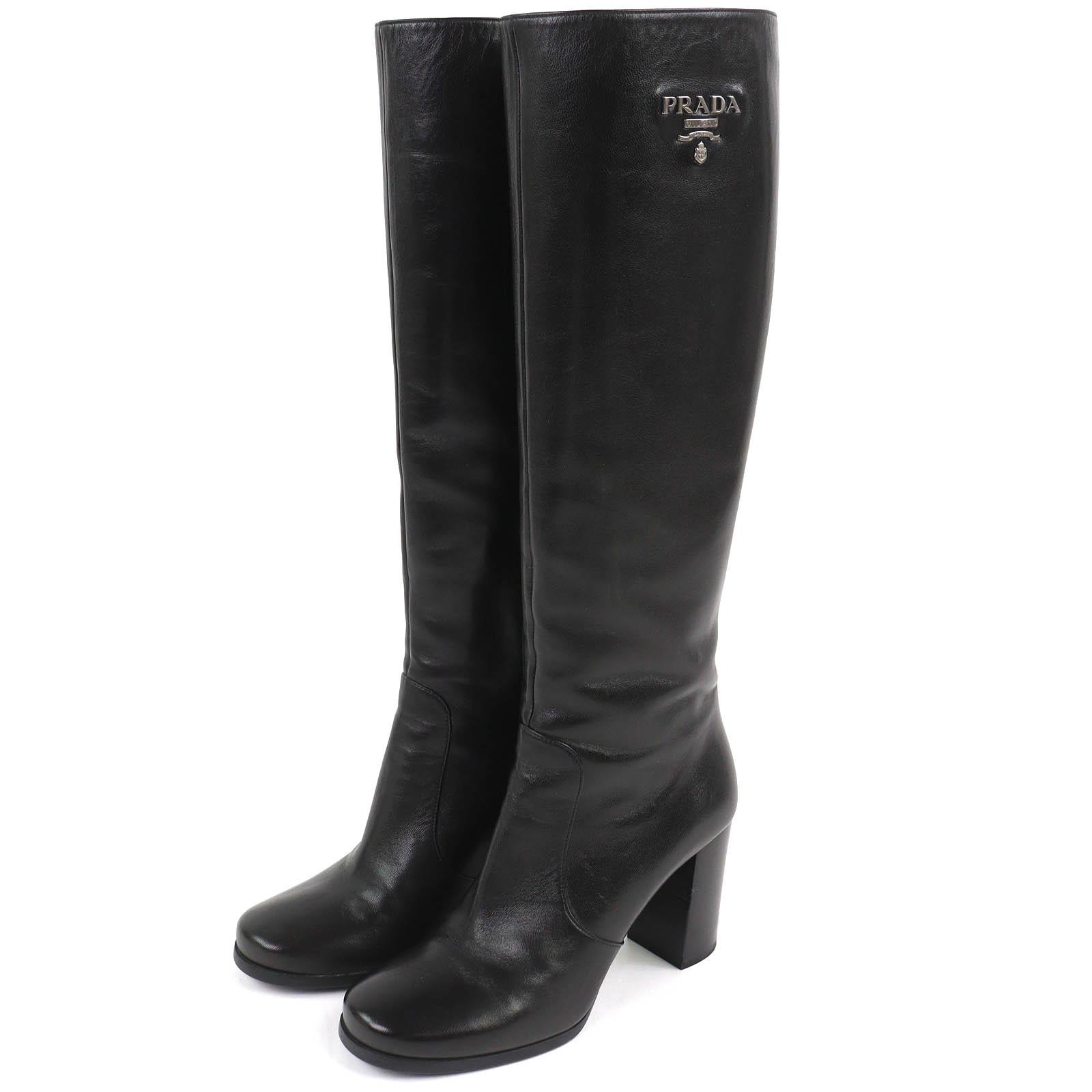

Great PRADA Knee-high boots Logo Metal Side Zip Leather black leather Women Used