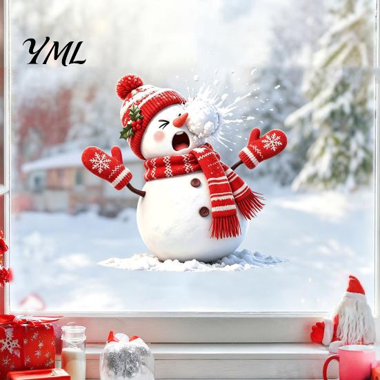 Snowball Fight Theme Stickers Christmas Snowman Static Window Cling, Funny Sticker, Reusable PVC Snowflake Xmas Glass Decal for Home Shop Holiday