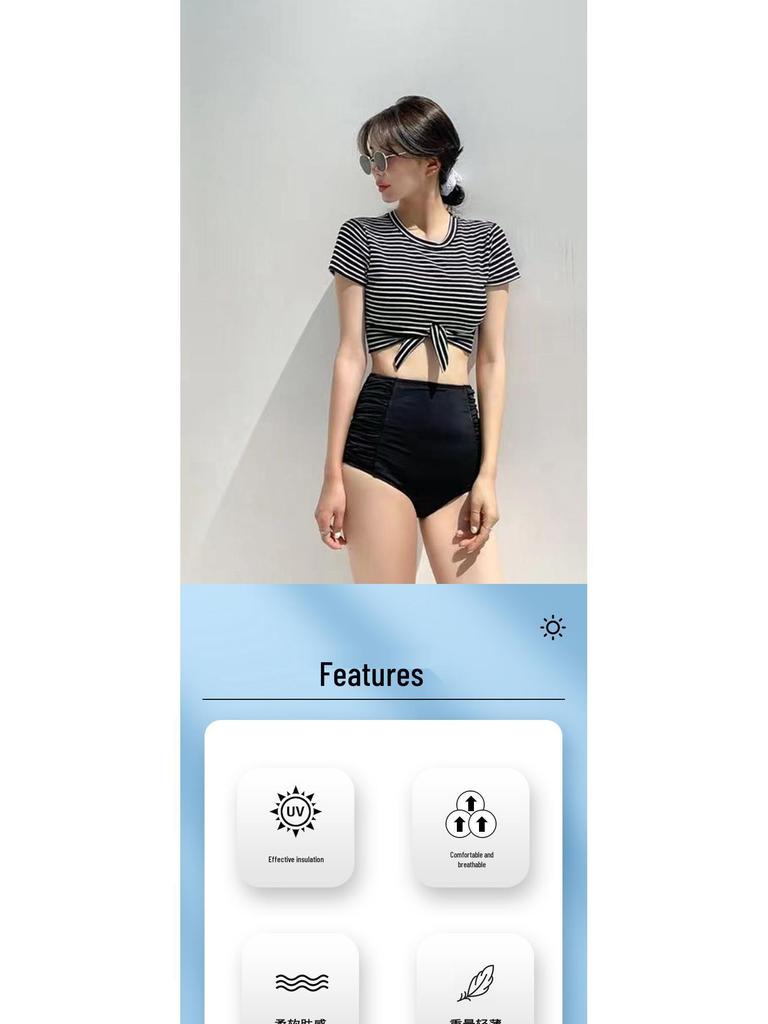 Women's Short Sleeve Striped High Waist Swimsuit, Korean Style, Tummy Control, Slimming, In Stock